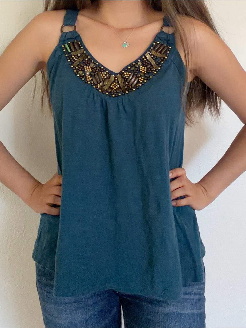 Beaded Ring-Strap Embellished Teal Camisole